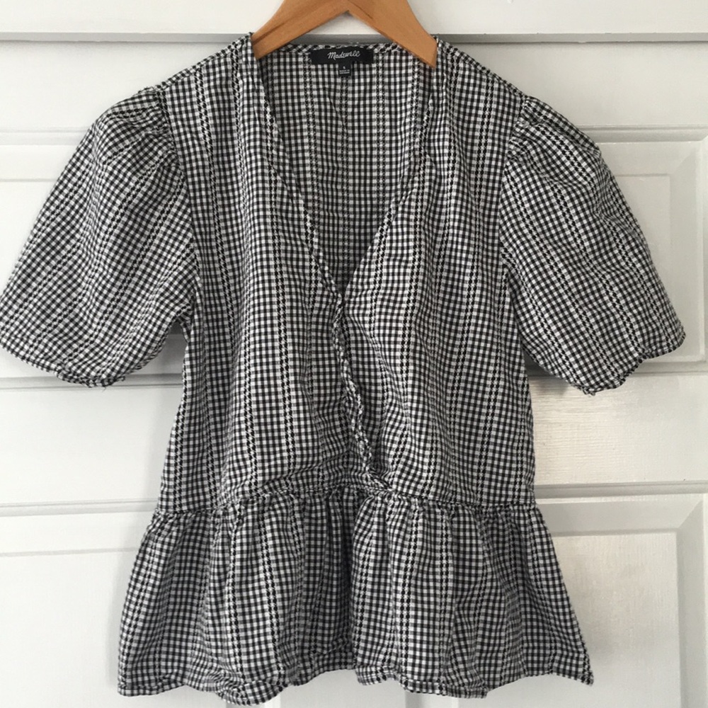 Gingham and embroidery peplum top
